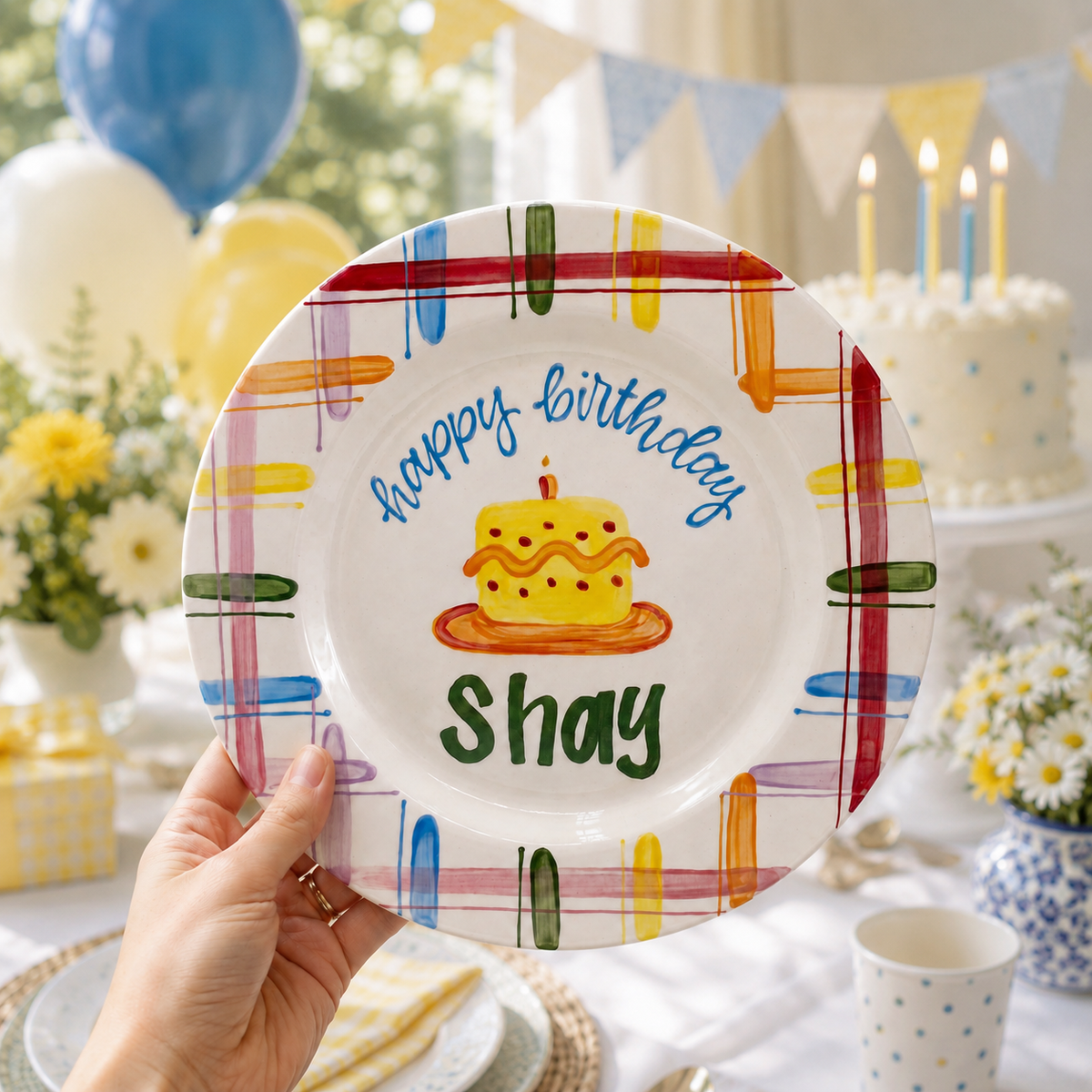 Personalized Plaid Birthday Plate, Custom Ceramic Birthday Dish, Multicolor Plaid Cake Plate, Kids Birthday Tradition Heirloom Keepsake | BGI021