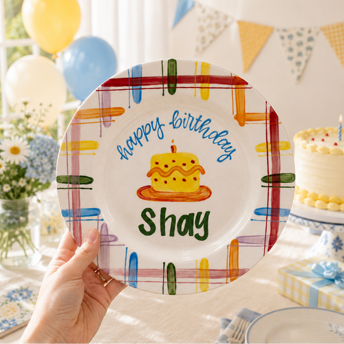 Personalized Plaid Birthday Plate, Custom Ceramic Birthday Dish, Multicolor Plaid Cake Plate, Kids Birthday Tradition Heirloom Keepsake | BGI021