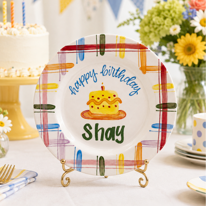 Personalized Plaid Birthday Plate, Custom Ceramic Birthday Dish, Multicolor Plaid Cake Plate, Kids Birthday Tradition Heirloom Keepsake | BGI021