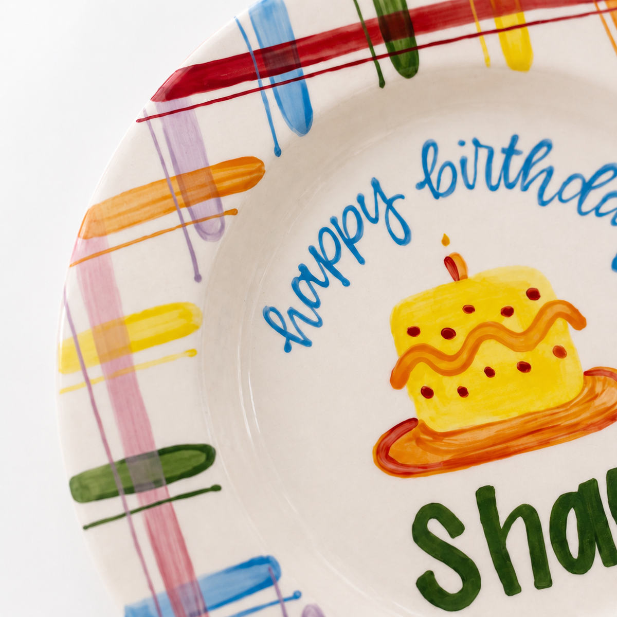 Personalized Plaid Birthday Plate, Custom Ceramic Birthday Dish, Multicolor Plaid Cake Plate, Kids Birthday Tradition Heirloom Keepsake | BGI021