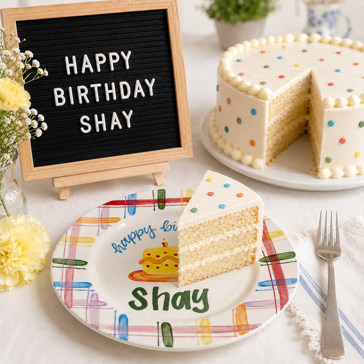 Personalized Plaid Birthday Plate, Custom Ceramic Birthday Dish, Multicolor Plaid Cake Plate, Kids Birthday Tradition Heirloom Keepsake | BGI021