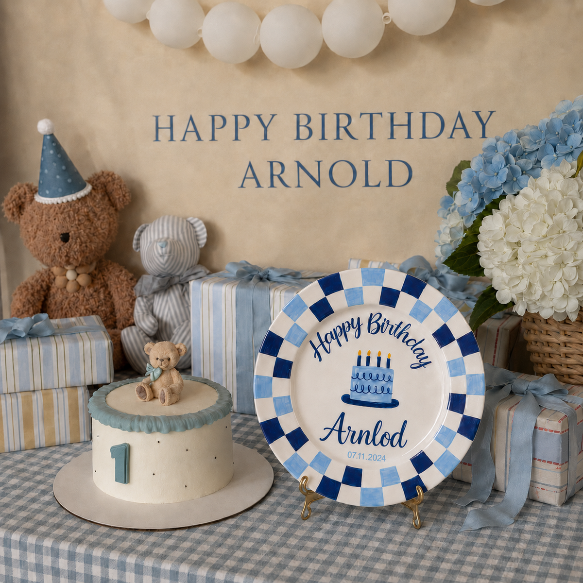 Personalized Birthday Plate – Custom Name with Blue Checkered Rim & Cake Design – Birthday Gift | BGI002
