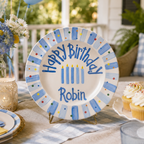 Blue Stripes Birthday Plate, Hand-Painted Ceramic Keepsake with Confetti, Custom Name Cake Dish, Boy Party Decor | B010