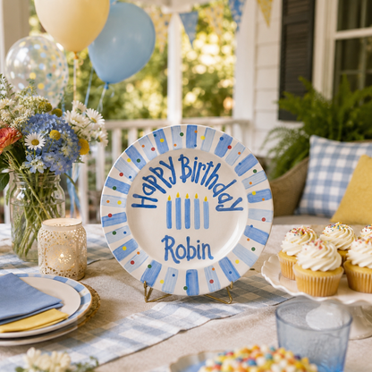 Hand-Painted Ceramic Birthday Plate, Blue Striped Border with Sprinkles, Custom Name Keepsake, Baby Boy Gift | B010