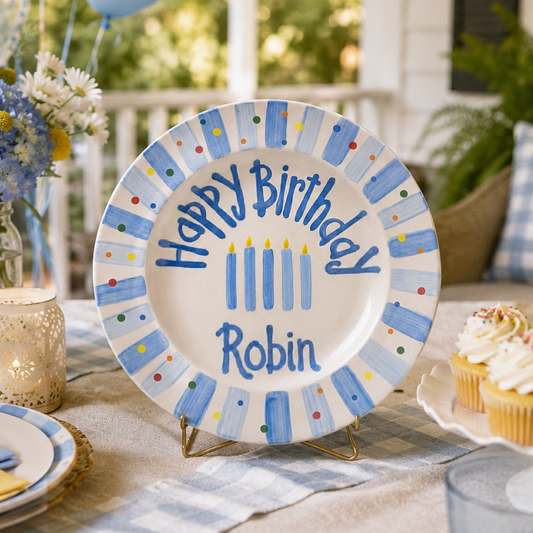 Hand-Painted Ceramic Birthday Plate, Blue Striped Border with Sprinkles, Custom Name Keepsake, Baby Boy Gift | B010