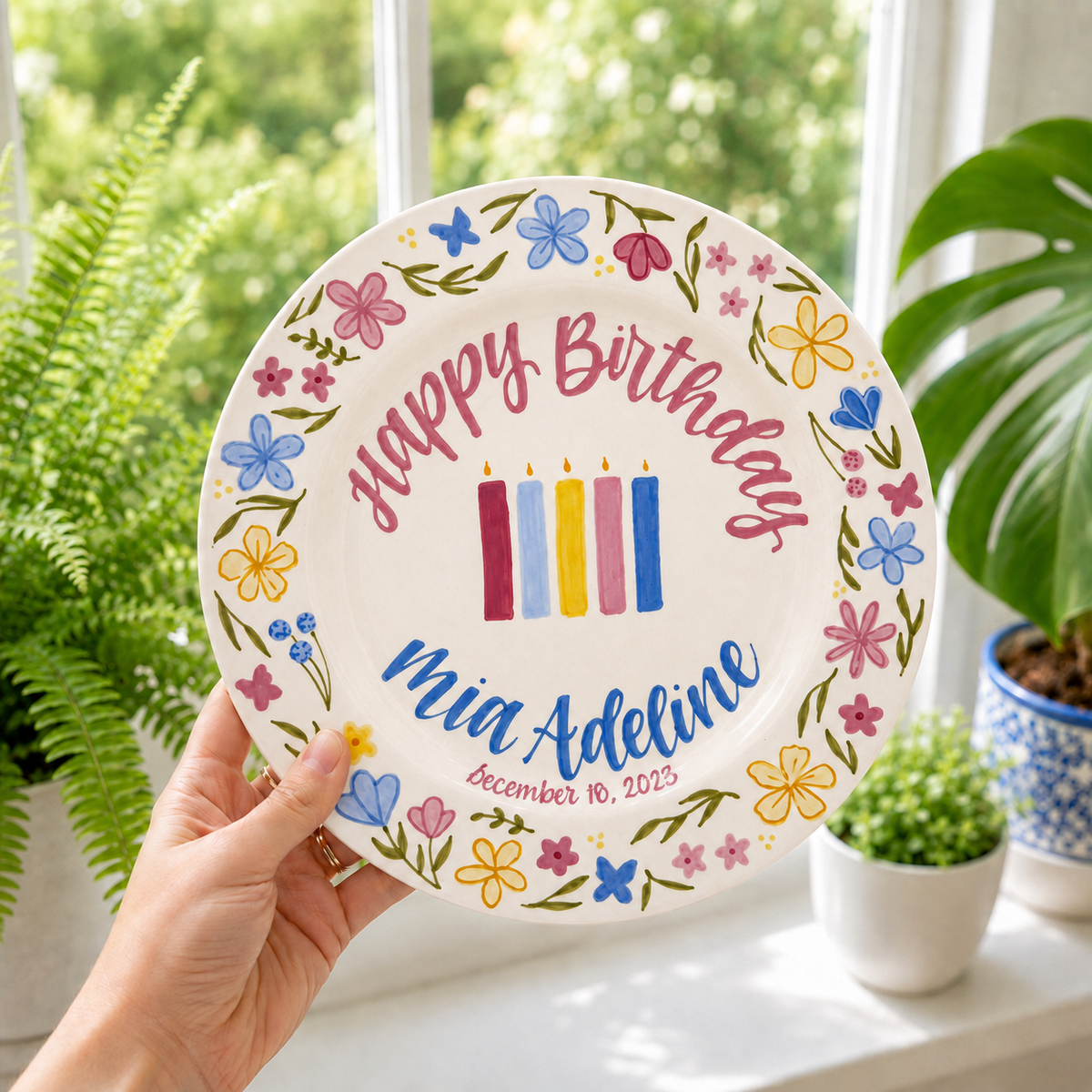 Custom Hand Painted Ceramic Birthday Plate, Floral Botanical Dish, Personalized Birthday Plate Date, First Birthday Gift Girl | BGI022