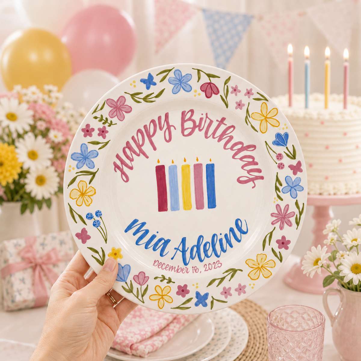 Custom Hand Painted Ceramic Birthday Plate, Floral Botanical Dish, Personalized Birthday Plate Date, First Birthday Gift Girl | BGI022