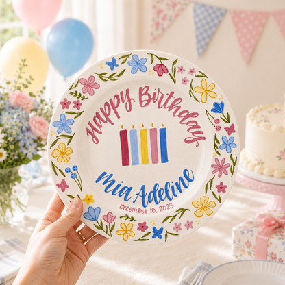 Custom Hand Painted Ceramic Birthday Plate, Floral Botanical Dish, Personalized Birthday Plate Date, First Birthday Gift Girl | BGI022