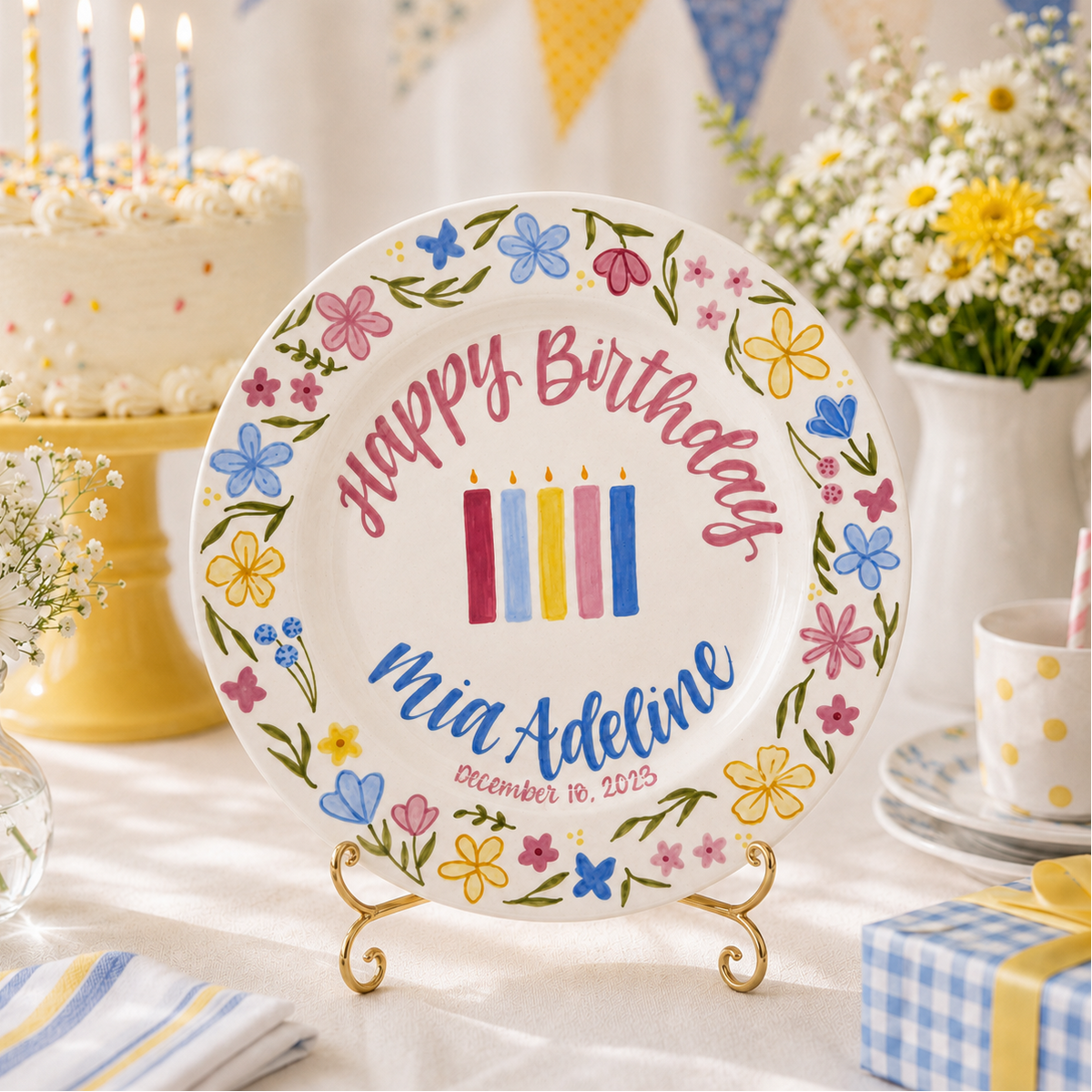 Custom Hand Painted Ceramic Birthday Plate, Floral Botanical Dish, Personalized Birthday Plate Date, First Birthday Gift Girl | BGI022