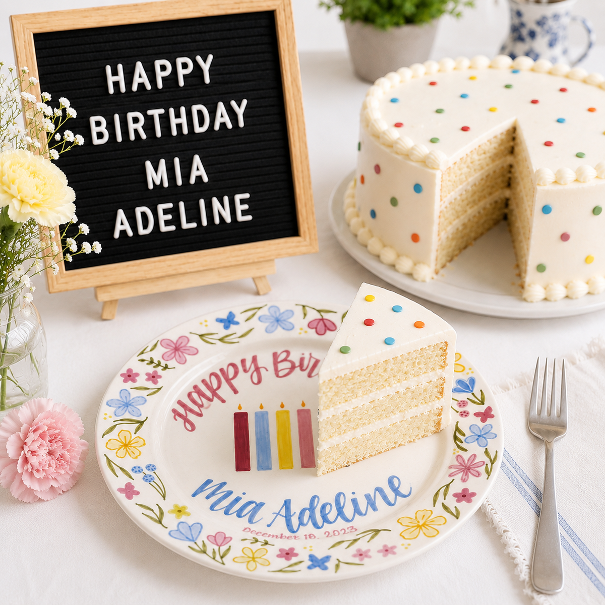 Custom Hand Painted Ceramic Birthday Plate, Floral Botanical Dish, Personalized Birthday Plate Date, First Birthday Gift Girl | BGI022