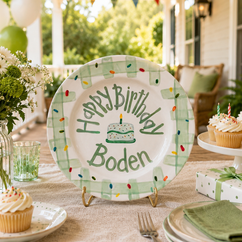Custom Name Birthday Plate – Green Gingham Sprinkle Cake Design | B096