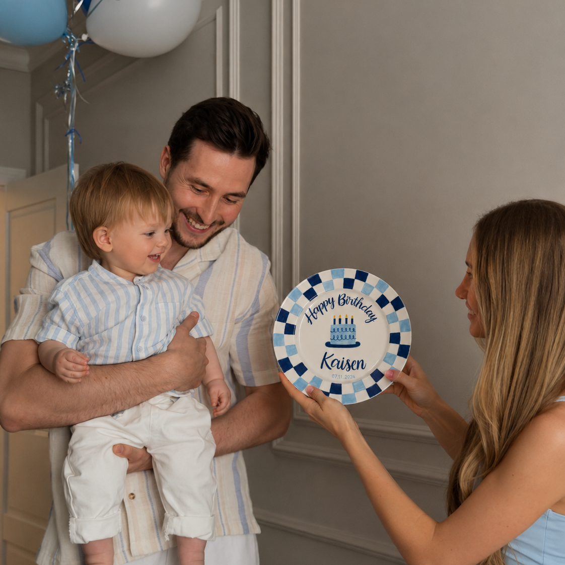 Personalized Birthday Plate – Custom Name with Blue Checkered Rim & Cake Design – Birthday Gift | BGI002