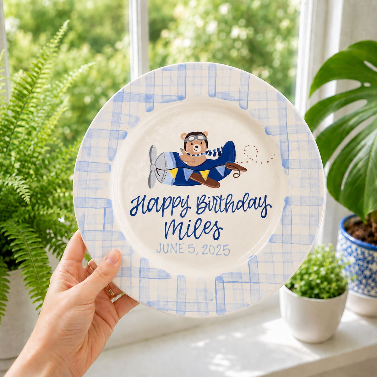 Personalized Birthday Plate for Boy, Airplane Ceramic Keepsake, Custom Name Birthday Plate | BGI023