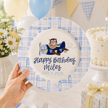 Personalized Birthday Plate for Boy, Airplane Ceramic Keepsake, Custom Name Birthday Plate | BGI023
