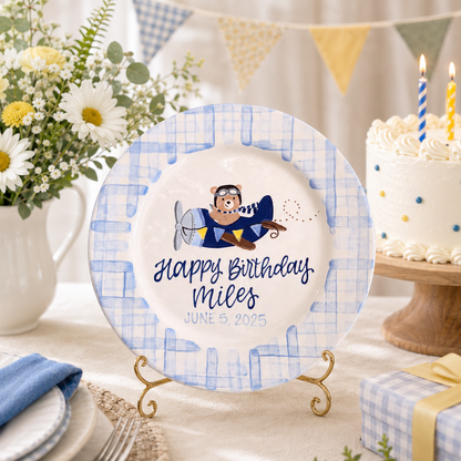 Personalized Birthday Plate for Boy, Airplane Ceramic Keepsake, Custom Name Birthday Plate | BGI023
