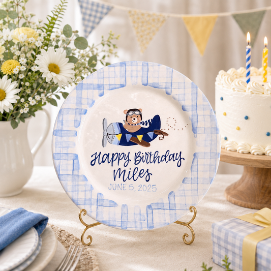 Custom Birthday Plate for Boy, Personalized Airplane Ceramic Plate, Birthday Keepsake Gift | BGI023
