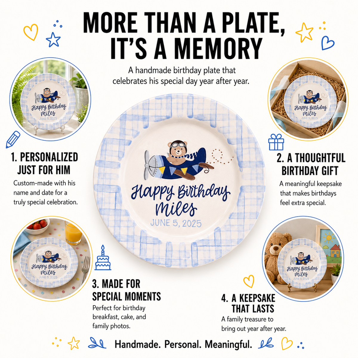 Personalized Birthday Plate for Boy, Airplane Ceramic Keepsake, Custom Name Birthday Plate | BGI023