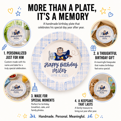 Personalized Birthday Plate for Boy, Airplane Ceramic Keepsake, Custom Name Birthday Plate | BGI023