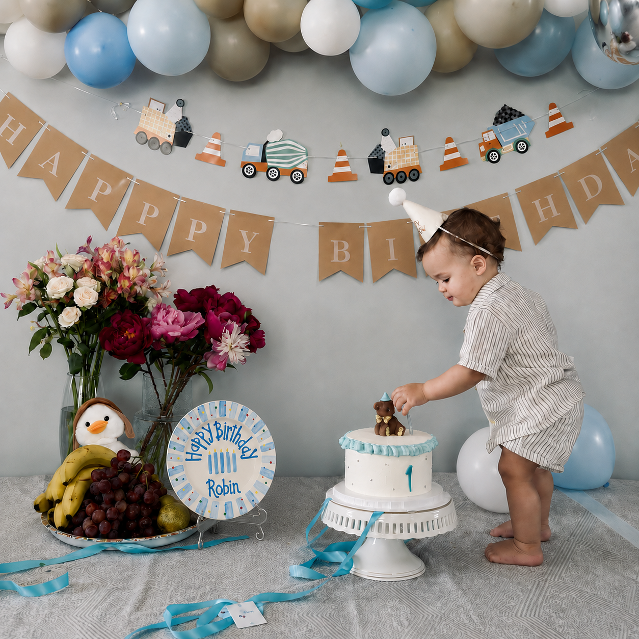 Hand-Painted Ceramic Birthday Plate, Blue Striped Border with Sprinkles, Custom Name Keepsake, Baby Boy Gift | B010