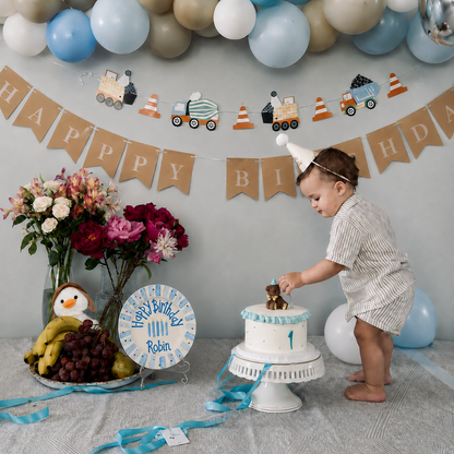 Hand-Painted Ceramic Birthday Plate, Blue Striped Border with Sprinkles, Custom Name Keepsake, Baby Boy Gift | B010