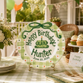 Personalized Birthday Plate Boy, Custom Green Bow Gingham Plate, Hand Painted Ceramic Cake Plate, Heirloom Birthday Tradition Gift | B052