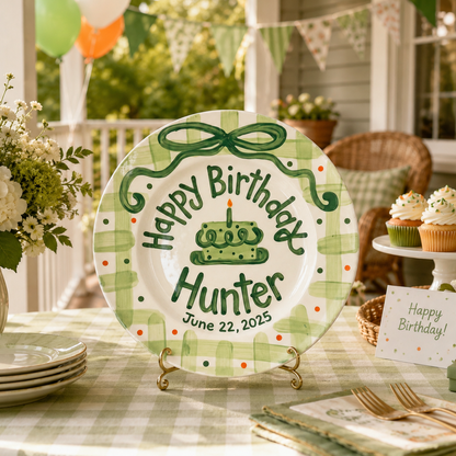 Custom Hand Painted Ceramic Birthday Plate, Green Bow Gingham Plate, Personalized Birthday Plate with Date, First Birthday Gift Boy | B052