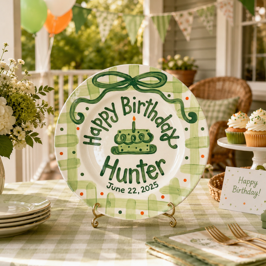 Personalized Birthday Plate Boy, Custom Green Bow Gingham Plate, Hand Painted Ceramic Cake Plate, Heirloom Birthday Tradition Gift | B052