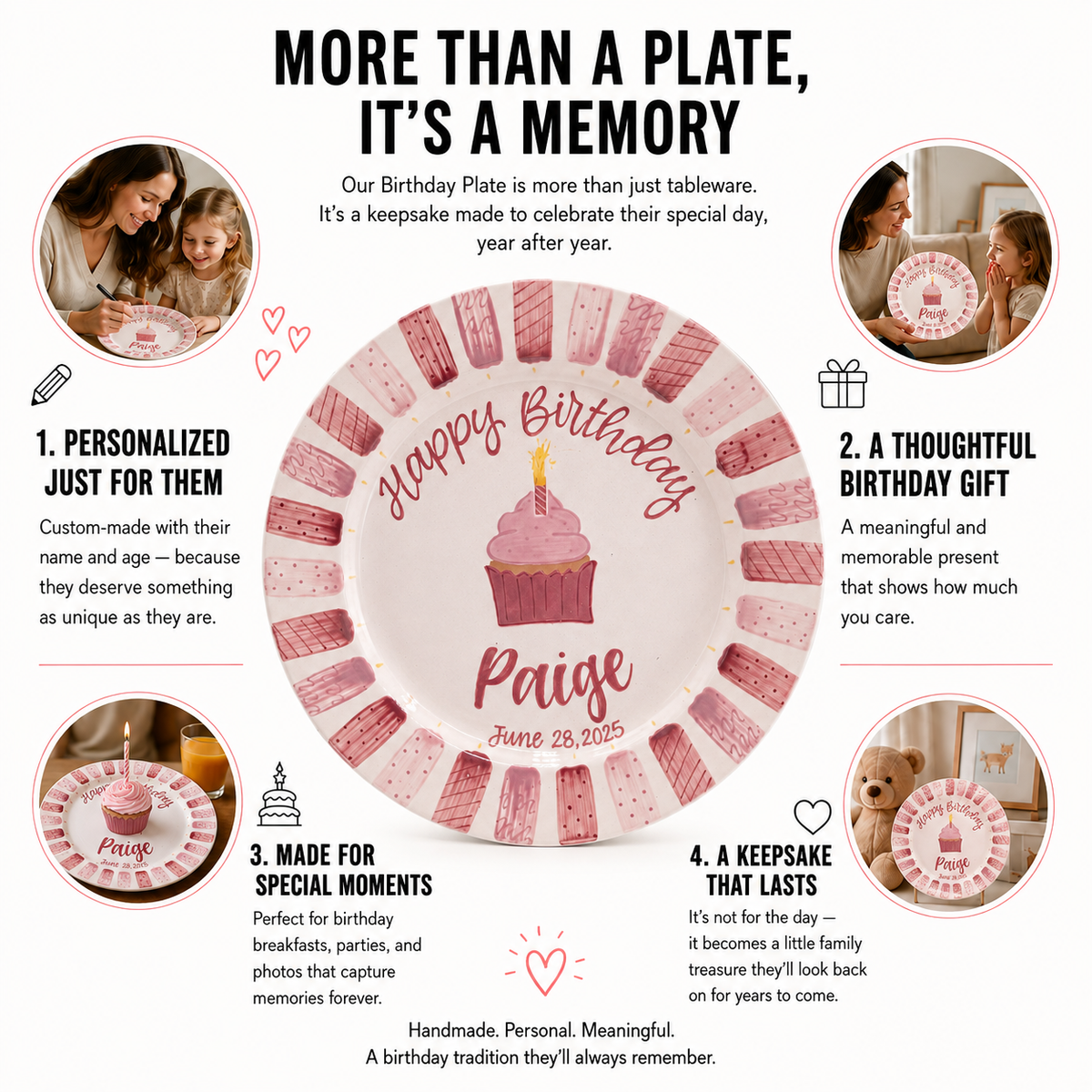 Personalized Birthday Plate for Girl, Pink Cupcake Ceramic Keepsake, Custom Name & Date Birthday Plate | BGI024