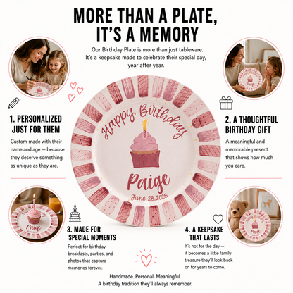 Personalized Birthday Plate for Girl, Pink Cupcake Ceramic Keepsake, Custom Name & Date Birthday Plate | BGI024