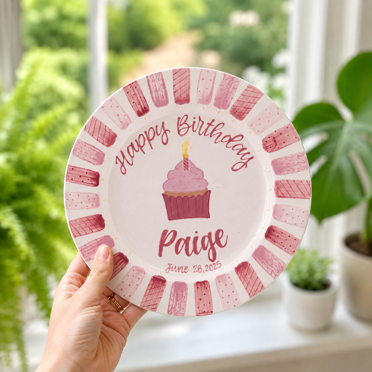 Personalized Birthday Plate for Girl, Pink Cupcake Ceramic Keepsake, Custom Name & Date Birthday Plate | BGI024