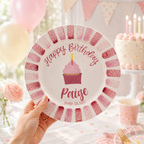 Custom Birthday Plate for Girl, Personalized Pink Cupcake Plate, Hand Painted Ceramic Keepsake | BGI024