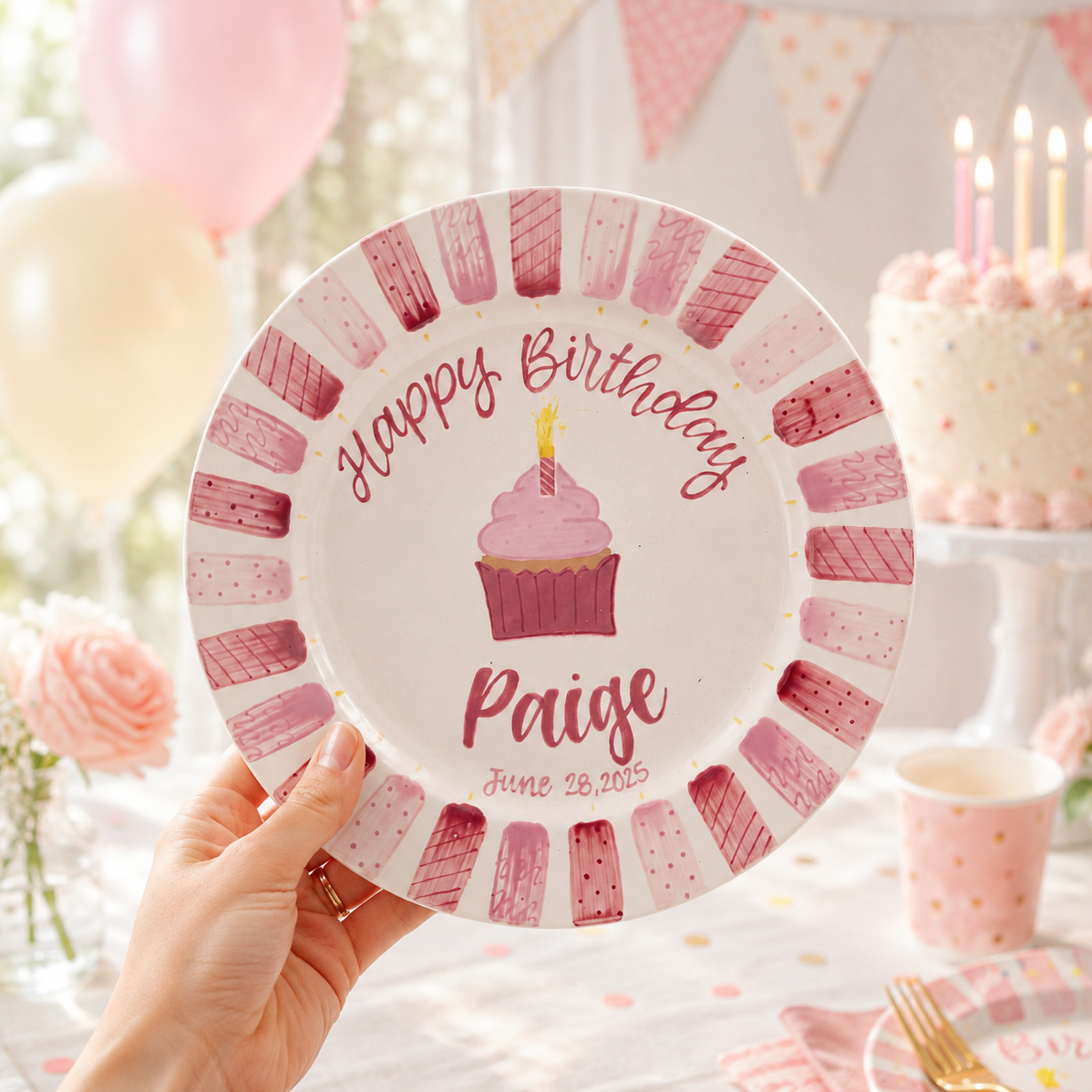 Personalized Birthday Plate for Girl, Pink Cupcake Ceramic Keepsake, Custom Name & Date Birthday Plate | BGI024