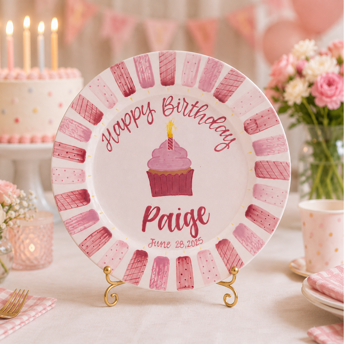 Personalized Birthday Plate for Girl, Pink Cupcake Ceramic Keepsake, Custom Name & Date Birthday Plate | BGI024