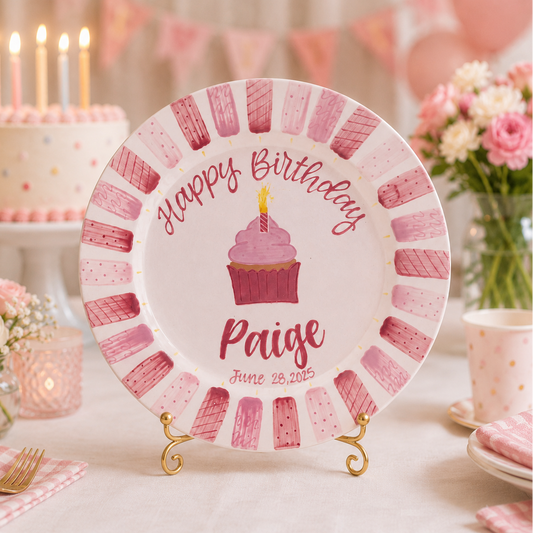 Custom Birthday Plate for Girl, Personalized Pink Cupcake Plate, Hand Painted Ceramic Keepsake | BGI024