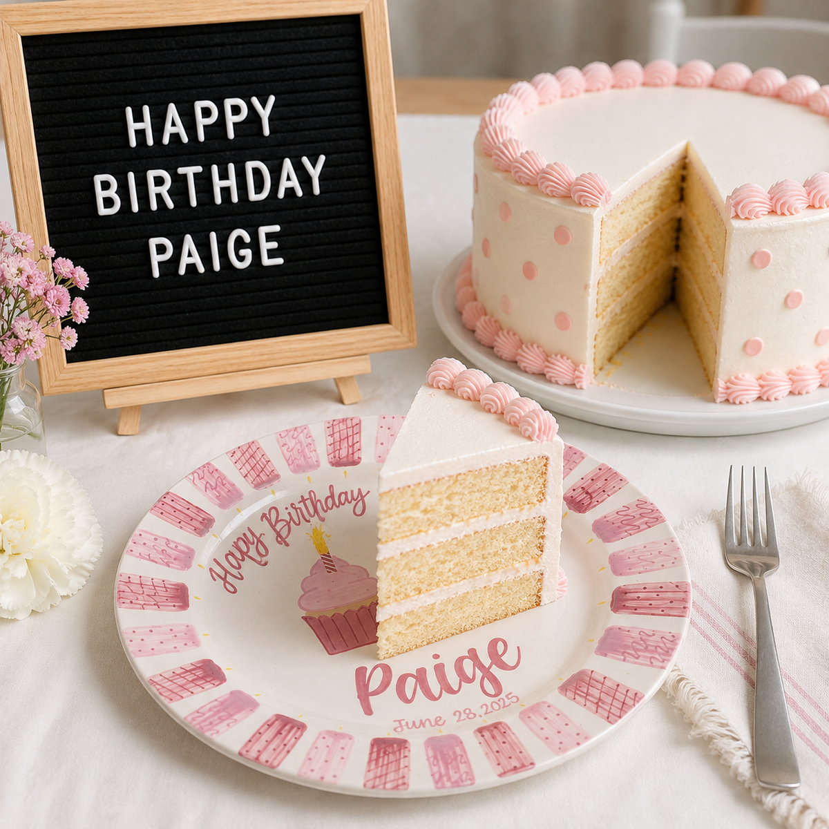 Personalized Birthday Plate for Girl, Pink Cupcake Ceramic Keepsake, Custom Name & Date Birthday Plate | BGI024