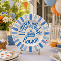 Blue Stripes Birthday Plate, Hand-Painted Birthday Cake Design, Custom Name Ceramic Keepsake, First Birthday | B039