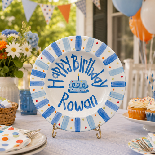 Blue Stripes Birthday Plate, Hand-Painted Birthday Cake Design, Custom Name Ceramic Keepsake, First Birthday | B039