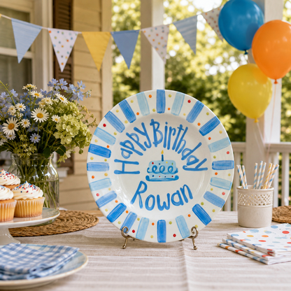 Blue Stripes Birthday Plate, Hand-Painted Birthday Cake Design, Custom Name Ceramic Keepsake, First Birthday | B039