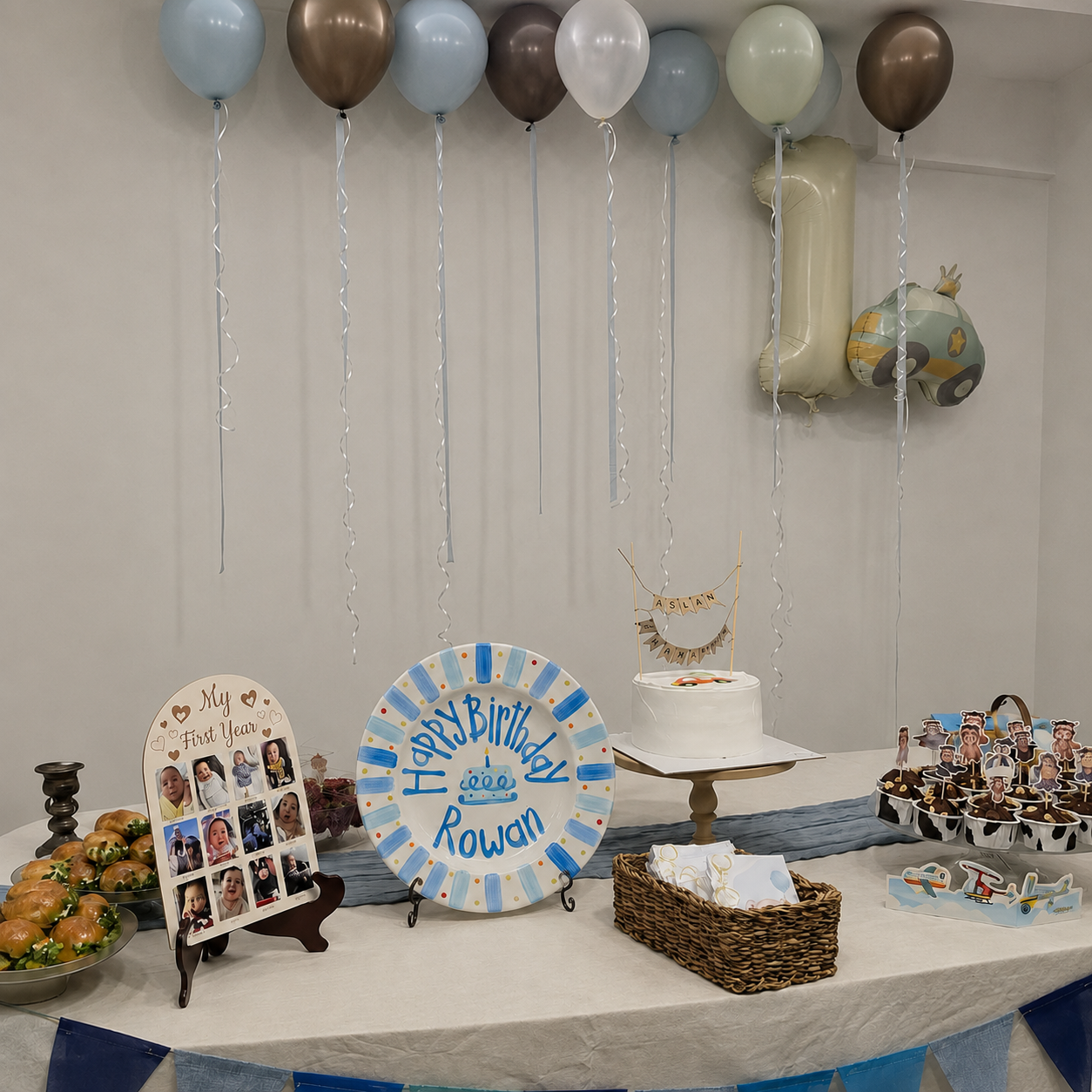 Blue Stripes Birthday Plate, Hand-Painted Birthday Cake Design, Custom Name Ceramic Keepsake, First Birthday | B039