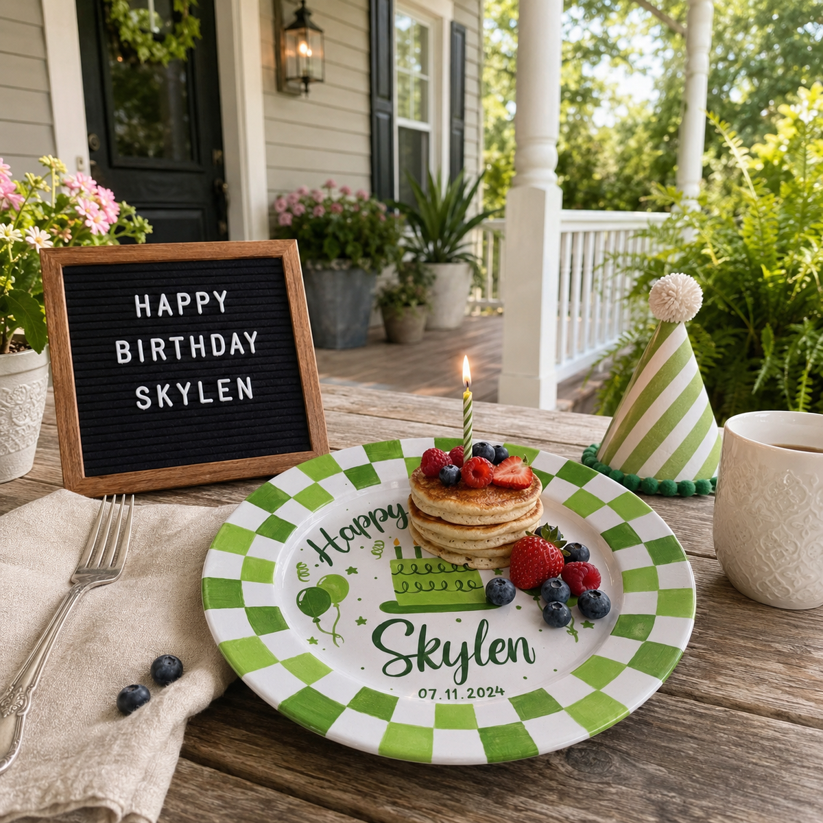 Personalized Birthday Plate – Custom Name & Date with Green Checkerboard Border, Balloons & Birthday Cake – Birthday Celebration | BGI011