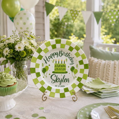 Personalized Birthday Plate – Custom Name & Date with Green Checkerboard Border, Balloons & Birthday Cake – Birthday Celebration | BGI011