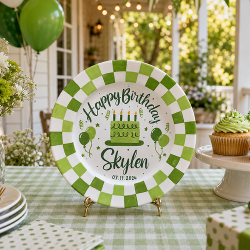 Personalized Birthday Plate – Custom Name with Green Checkered Rim and Cake Design – Birthday Gift | BGI011