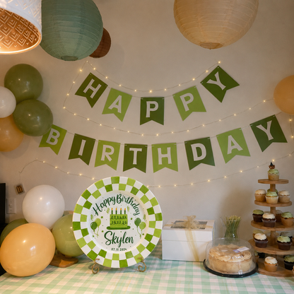 Personalized Birthday Plate – Custom Name & Date with Green Checkerboard Border, Balloons & Birthday Cake – Birthday Celebration | BGI011