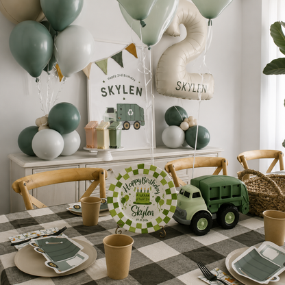 Personalized Birthday Plate – Custom Name & Date with Green Checkerboard Border, Balloons & Birthday Cake – Birthday Celebration | BGI011