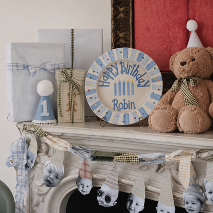 Hand-Painted Ceramic Birthday Plate, Blue Striped Border with Sprinkles, Custom Name Keepsake, Baby Boy Gift | B010