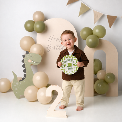 Personalized Birthday Plate – Custom Name & Date with Green Checkerboard Border, Balloons & Birthday Cake – Birthday Celebration | BGI011