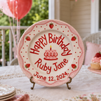 Custom Hand Painted Ceramic Birthday Plate, Pink Scalloped Strawberry Plate, Personalized Birthday Plate Date, Sweet One Birthday | B076