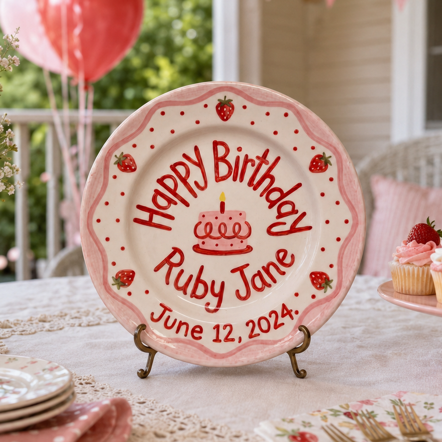 Personalized Birthday Plate Girl, Custom Strawberry Scallop Plate, Hand Painted Ceramic Cake Plate, Heirloom Birthday Tradition Gift | B076