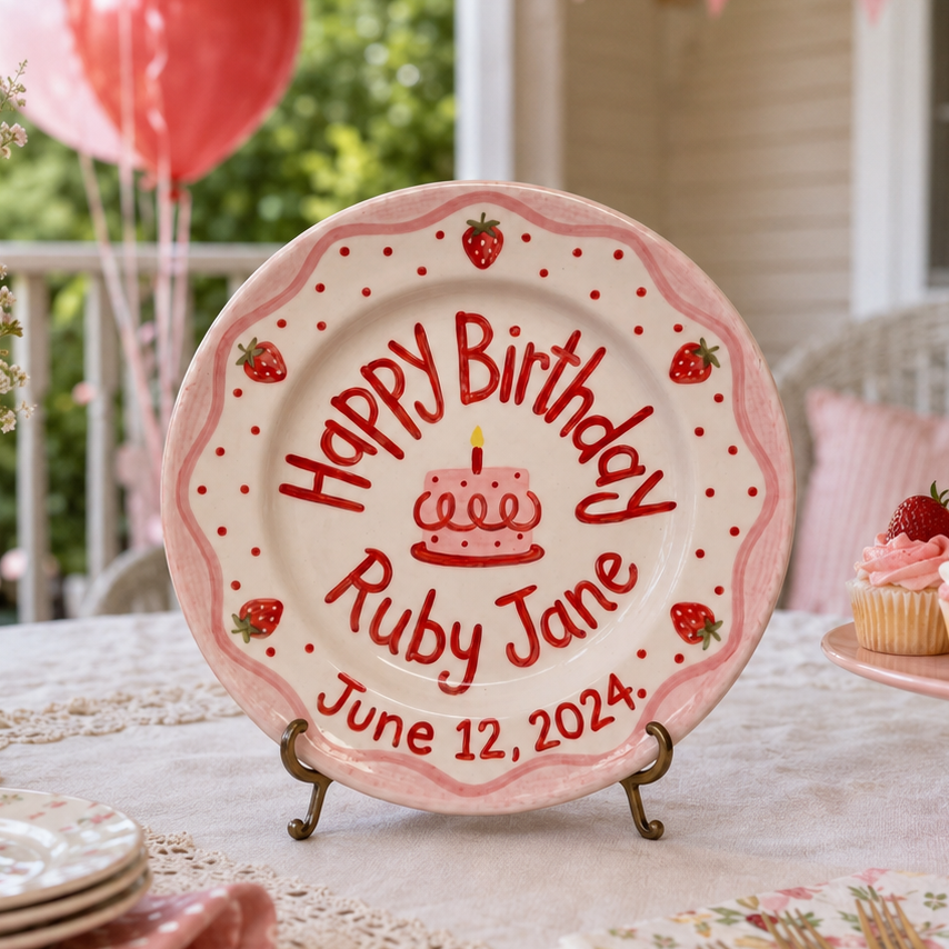 Custom Hand Painted Ceramic Birthday Plate, Pink Scalloped Strawberry Plate, Personalized Birthday Plate Date, Sweet One Birthday | B076