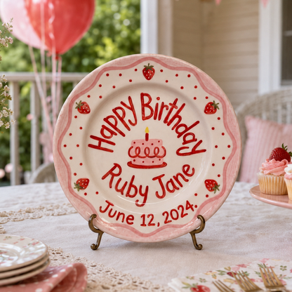 Personalized Birthday Plate Girl, Custom Strawberry Scallop Plate, Hand Painted Ceramic Cake Plate, Heirloom Birthday Tradition Gift | B076